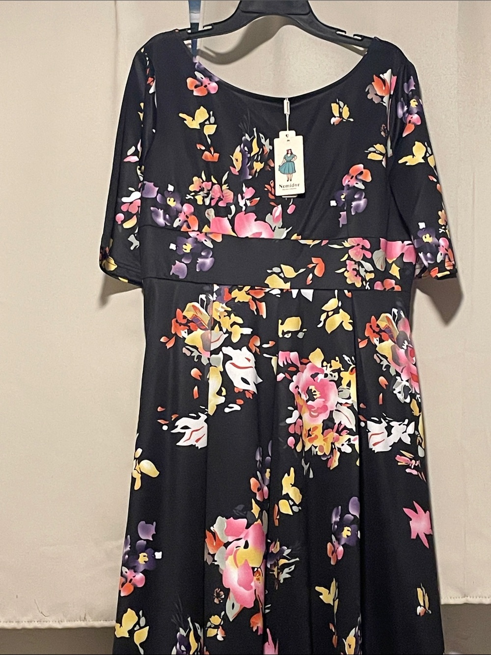 Nemidor Floral Asymmetrical Women's Dress - 14 Black with Pink & Yellow Blossoms